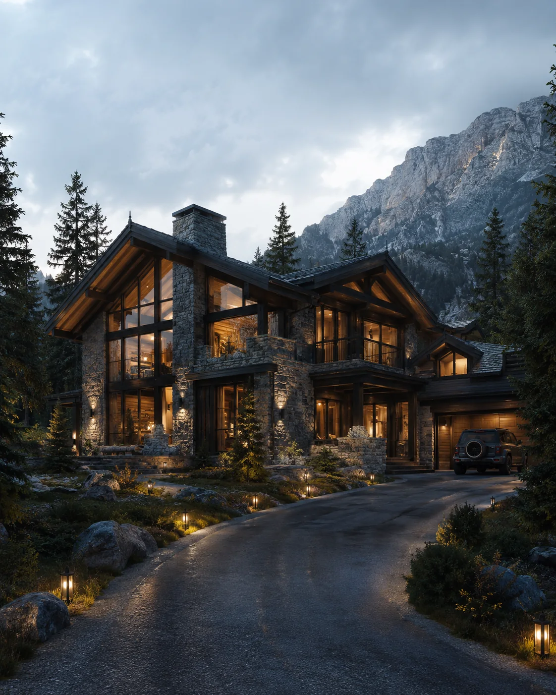 Alp dağları manzaralı taş ve ahşap lüks dağ evi dış cephe render