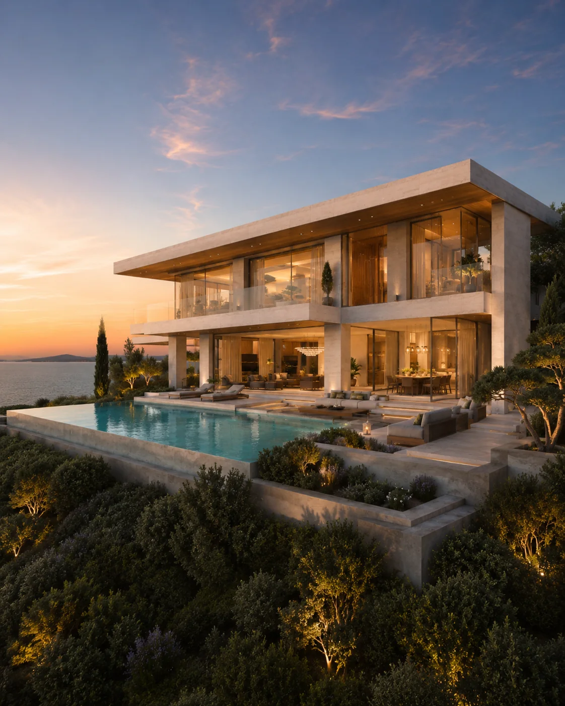 Deniz manzaralı lüks villa dış cephe ve havuz mimari görselleştirme