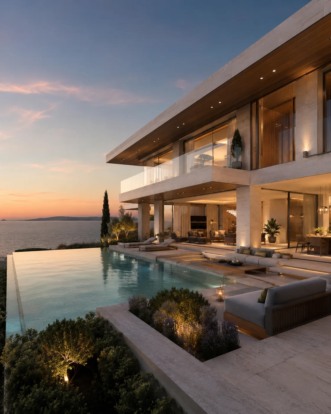 Gün batımında sonsuz havuzlu modern sahil villası 3D render