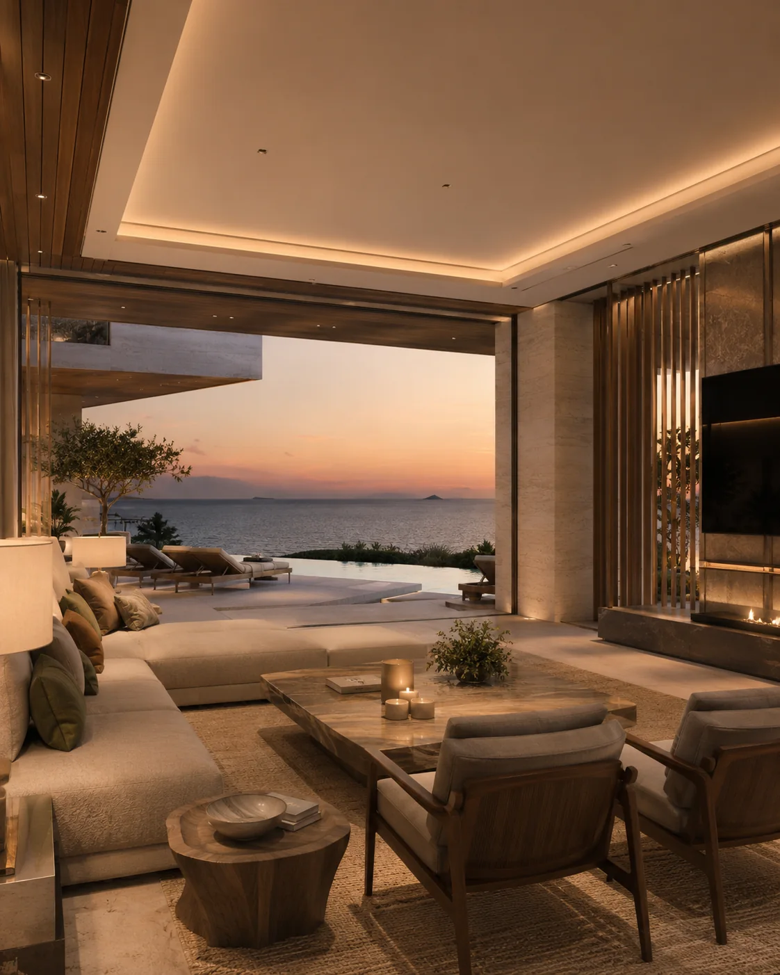 Deniz manzaralı modern villa iç yaşam alanı render