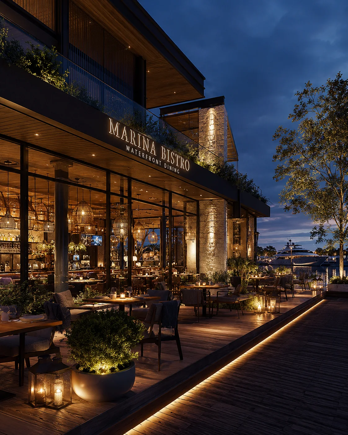 Marina manzaralı bistro restoran dış cephe ve teras render