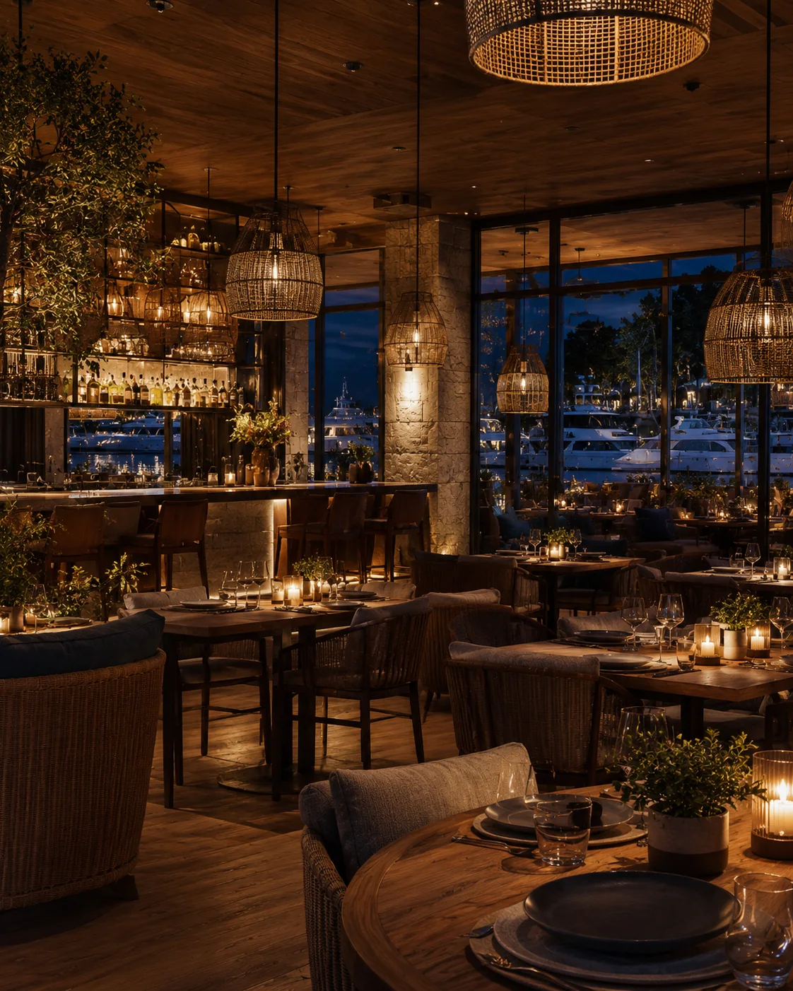 Liman manzaralı sıcak atmosferli restoran iç mekân tasarımı