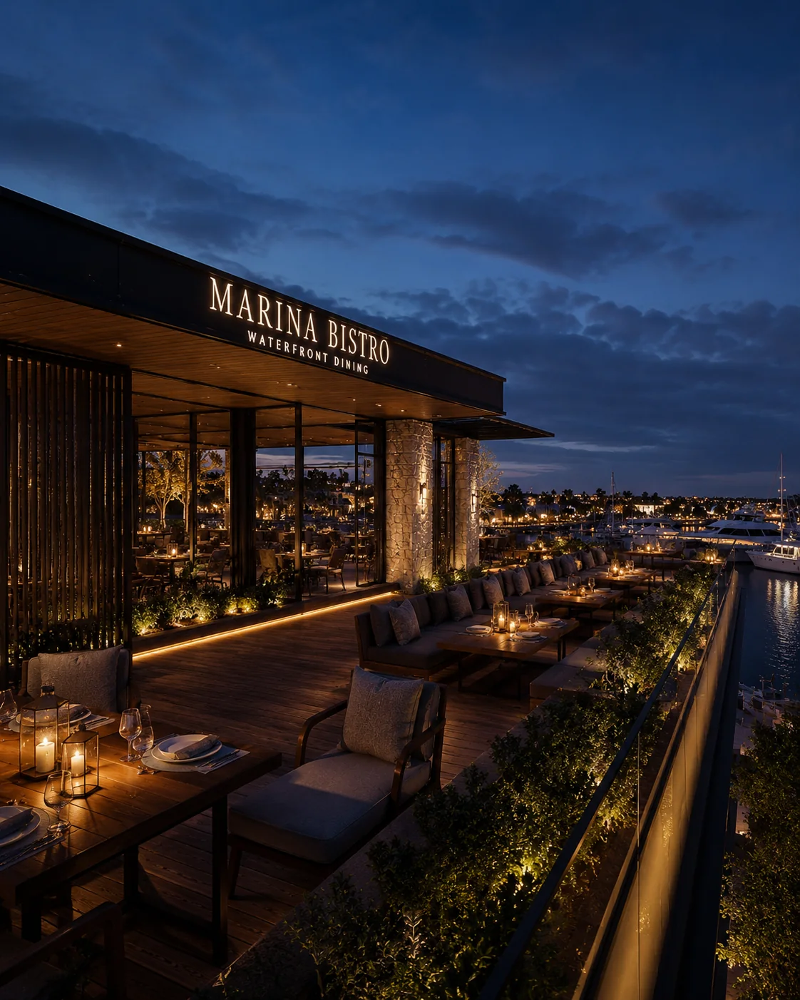 Marina bistro teras ve waterfront dining 3D görselleştirme