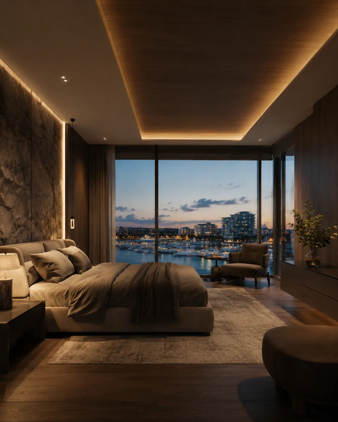 Lüks yatak odası marina manzarası 3D iç mekân render