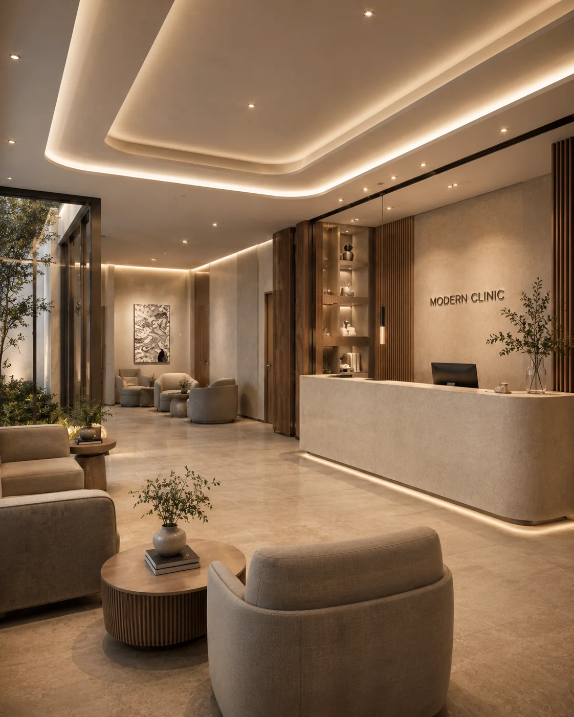 Modern klinik lobi ve karşılama alanı iç mekân render