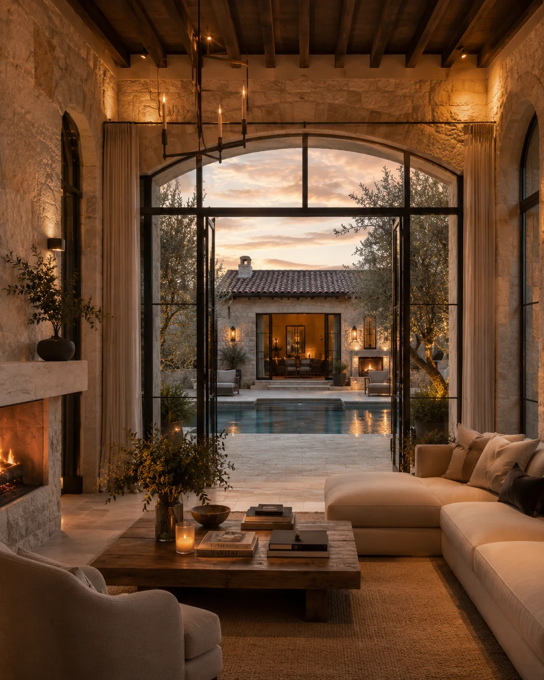 Taş avlulu villa iç yaşam alanı ve havuz manzarası render